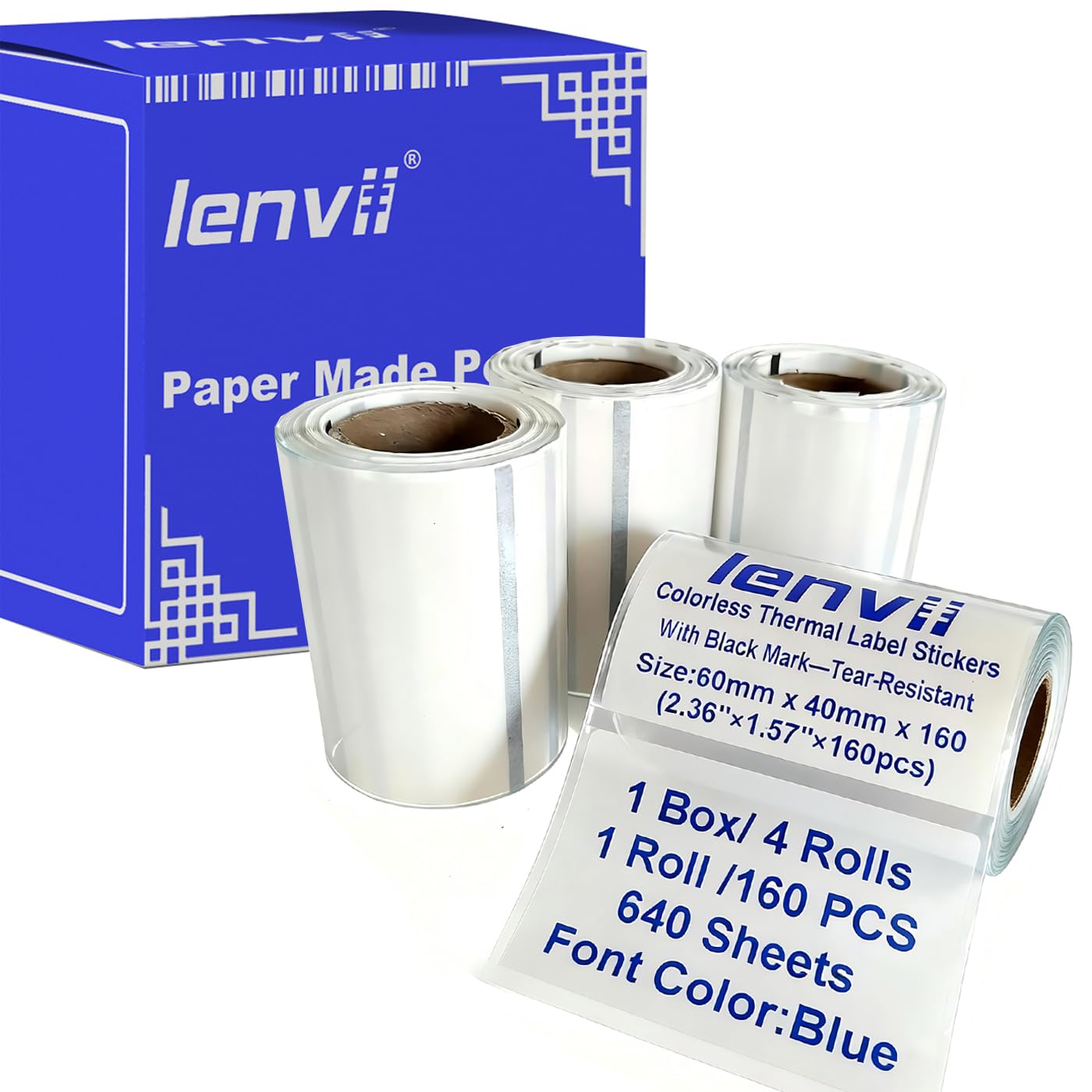 LENVII Blue Font 60 x 40 mm (2.36 x 1.57 inches) Transparent Thermal Labels 640 Sheets - 4 Rolls x 160 Labels, Tear-Resistant, Waterproof, Oil Resistant, Scratch-Resistant, Self-Adhesive Clear