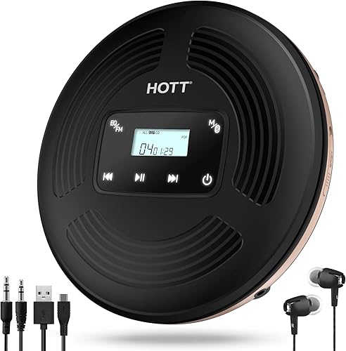 HOTT - Reproductor de CD portátil con Bluetooth y transmisor FM, reproductor de CD portátil Walkman con retroiluminación de botones táctiles,