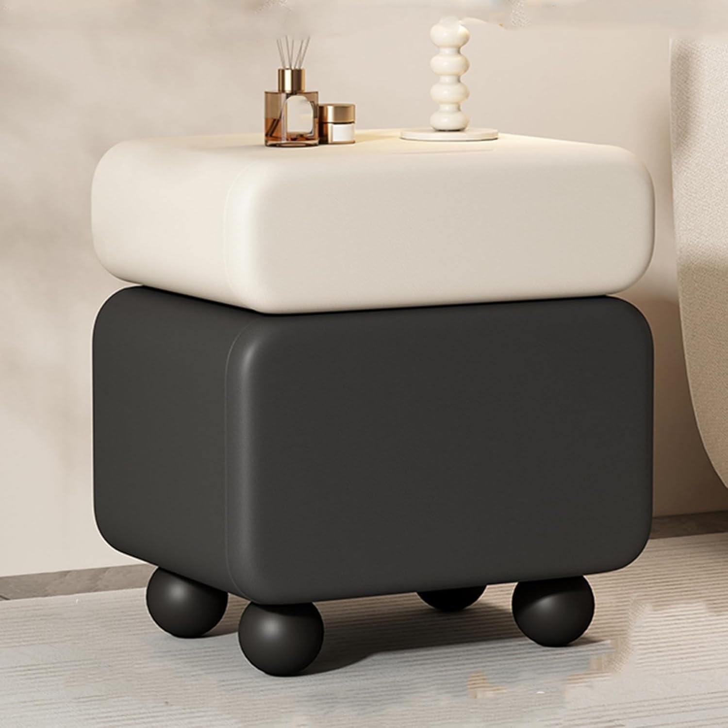 Rotatable Solid Wood Bedside Table with Rounded Corners & Ball Feet, 45cm - Stylish Double Drawer Storage Cabinet for Living Room, Bedroom, Brown Khaki Finish