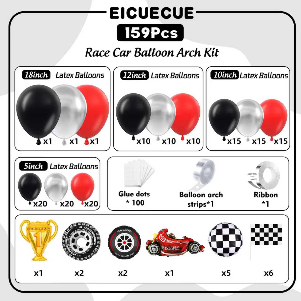 Zestaw łuków balonowych do samochodu wyścigowego - trofeum, flagi, samochody, opona, krata, koła i czerwona czarna srebrna girlanda balonowa, zestaw do samochodu wyścigowego, motyw dwóch