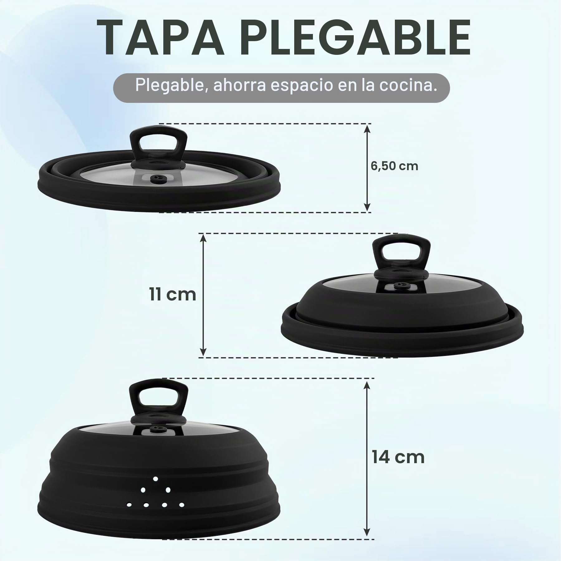 Cubierta de goteo para microondas, cubierta con asa para alimentos, plegable, silicona, cubierta con orificio de vapor para sartén o tazón (Negro, 10.5 Pulgadas)