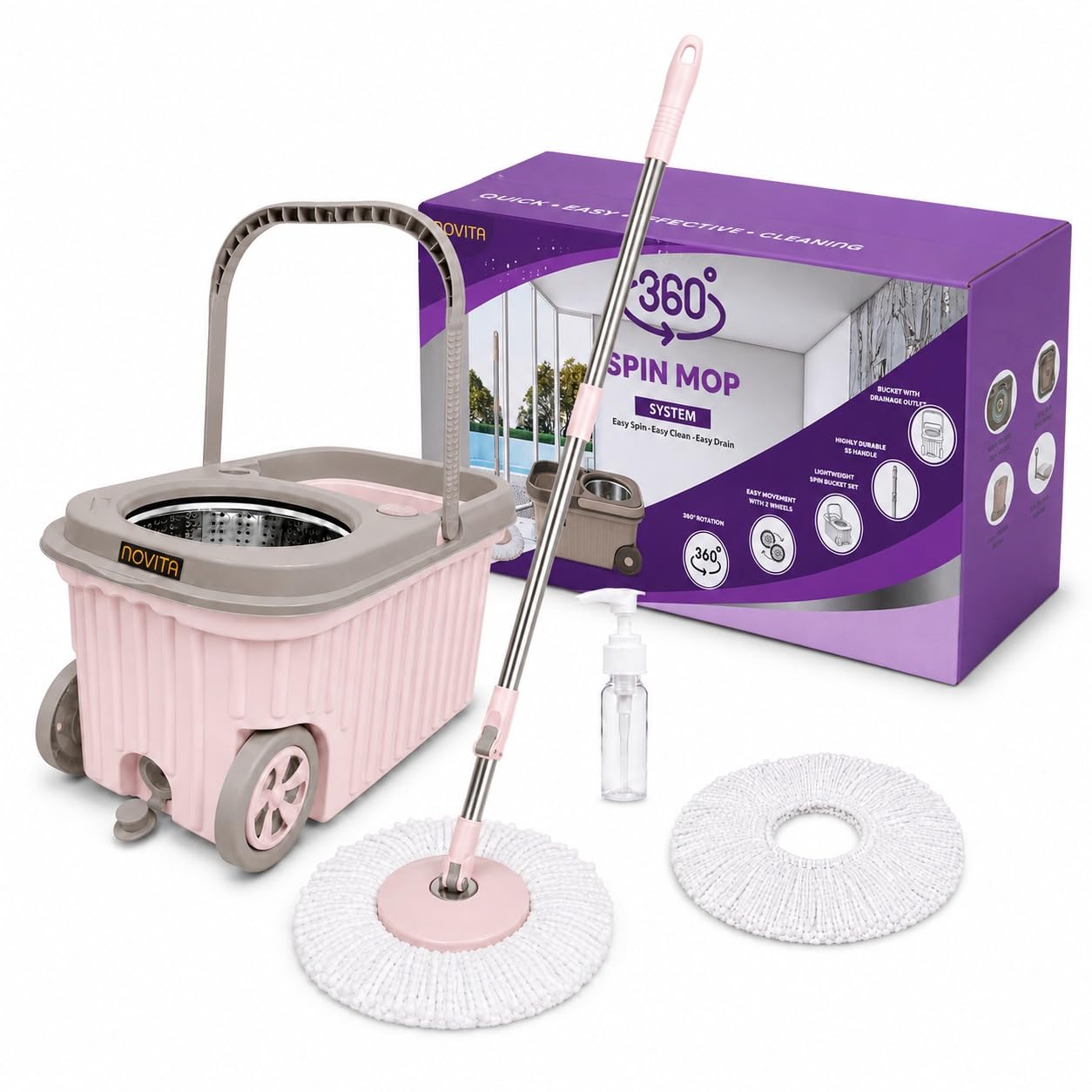 Novita Premium 360° Spin Mop Bucket Set | Heavy Stainless Steel Wringer | Spin Mop with Big Wheel | Puller Handle Bucket | Floor Cleaning | 2 Microfiber Refills, Big Size | Removes Over 99%* Bacteria