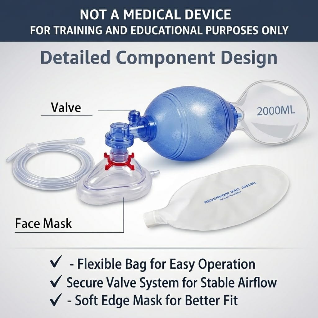 Manual Resuscitator Training Kit for BVM Skills Practice, Essential CPR Training Supplies for Education and Demonstration (Not a Medical Device), (Adult Version)