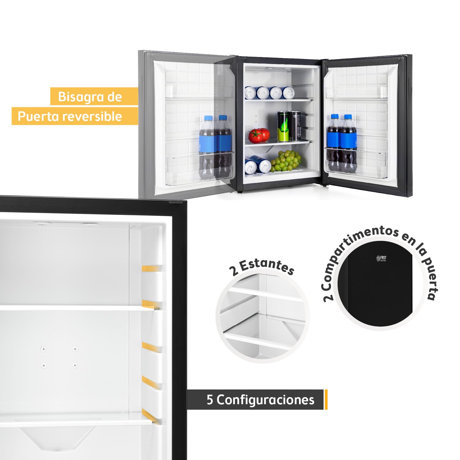 TZS First Austria - Mini Bar - Mini Frigorífico 40L Silencioso con Cerradura y Puerta Reversible - Nevera con Iluminación Interior para Camping, Oficina, Dormitorio y Hotel - Negro Mate