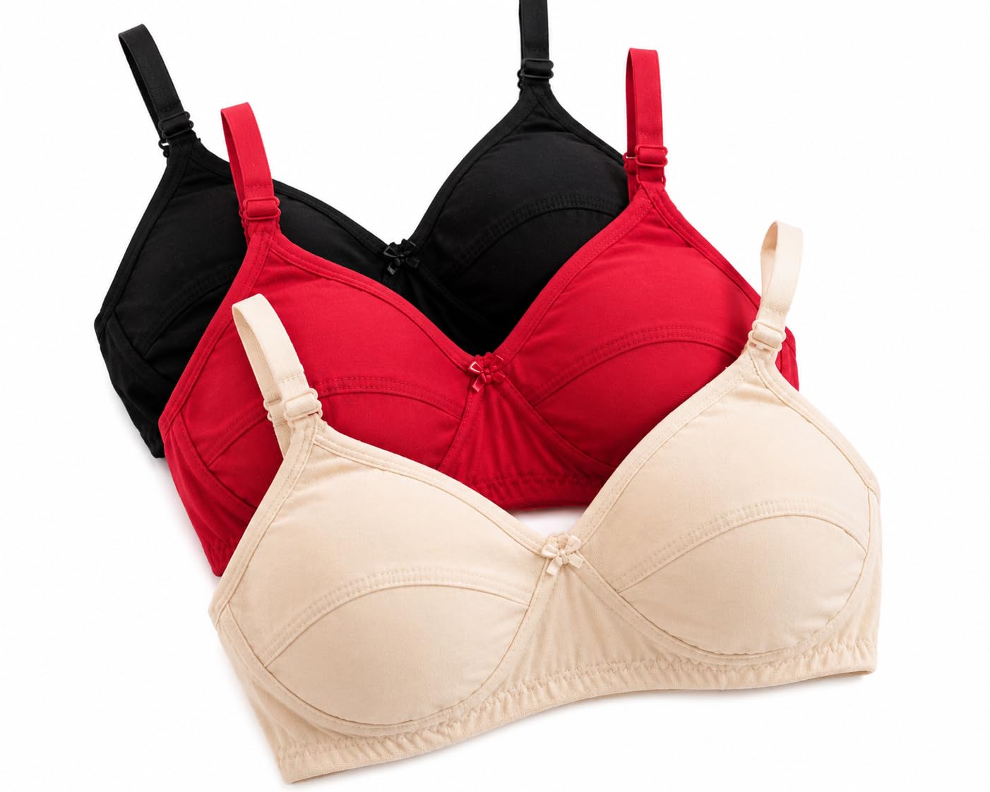 Women Cotton Non Padded Wire Free Everyday Bra Pack of 3 Black Red Skin Full Coverage Adjustable Straps Soft Comfortable Lingerie-image-27