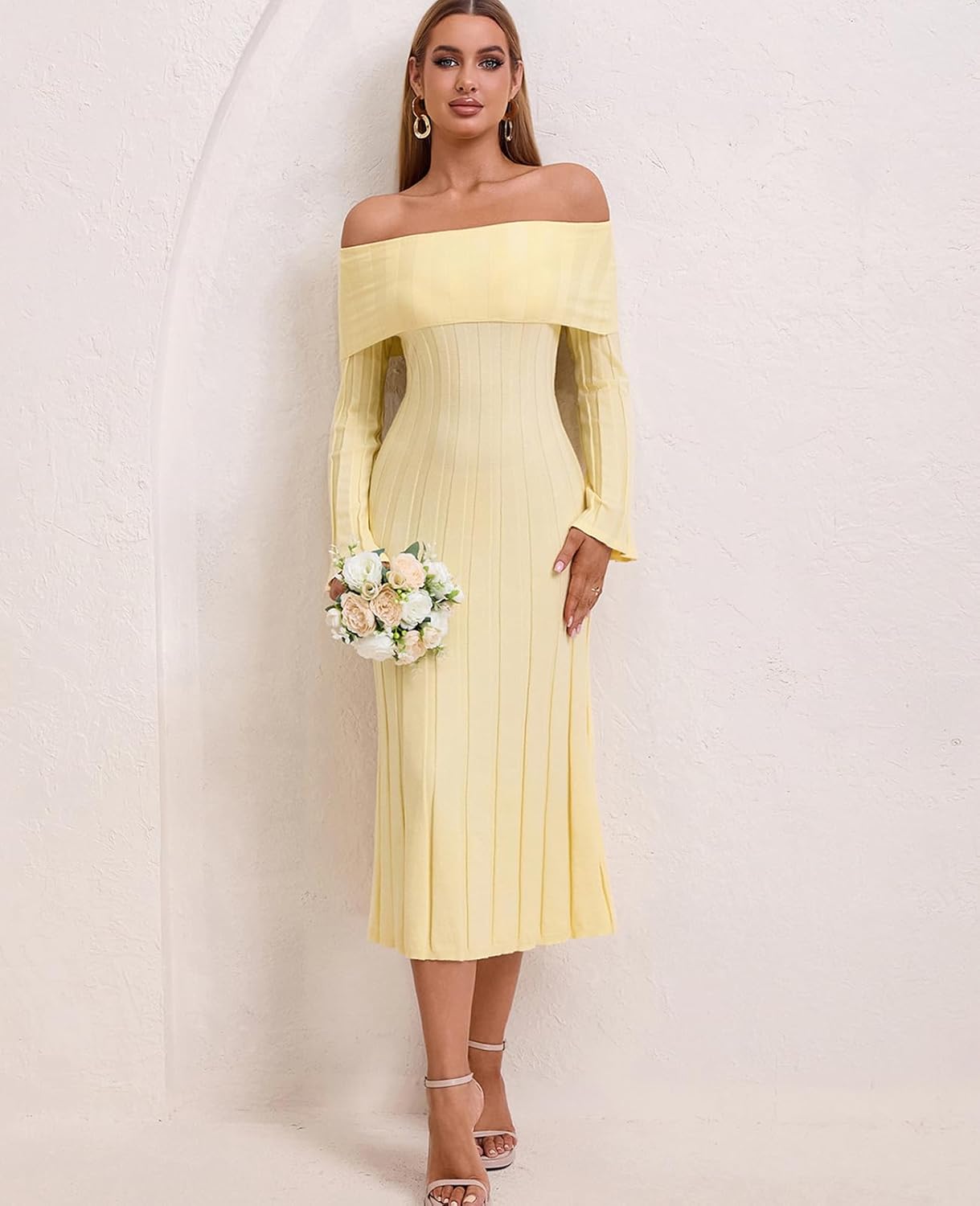 GLNEGE Formal Off The Shoulder Fall Wedding Guest Dress Long Sleeve Knit Bodycon Maxi Party Dresses for Women - Image 4