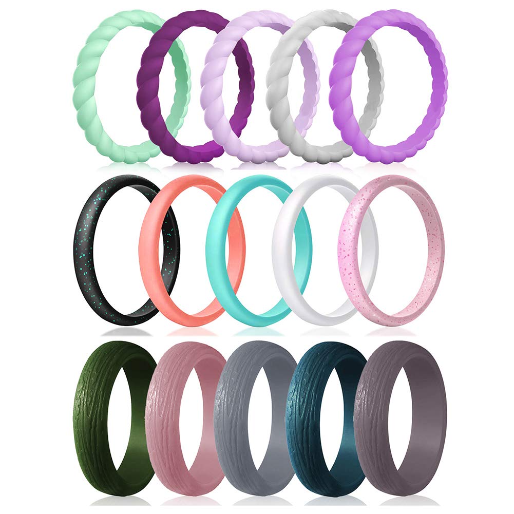 Silicone Wedding Rings for Women, 15-Pack Thin Rubber Wedding Bands Stackable Braided Ring, Affordable, Fashion, Colorful, Comfortable fit, Skin Safe
