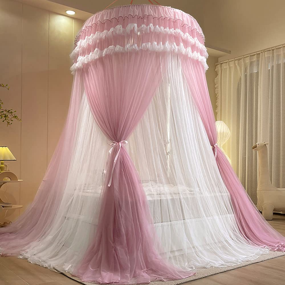 Surwin Cupola Zanzariera, Baldacchino per Letto Matrimoniale/Singolo/Bambini/Adulto Rotonda Baldacchino Protezione dalle Zanzare per Campeggio Lettura Camera da Letto (Rosa Rosa)
