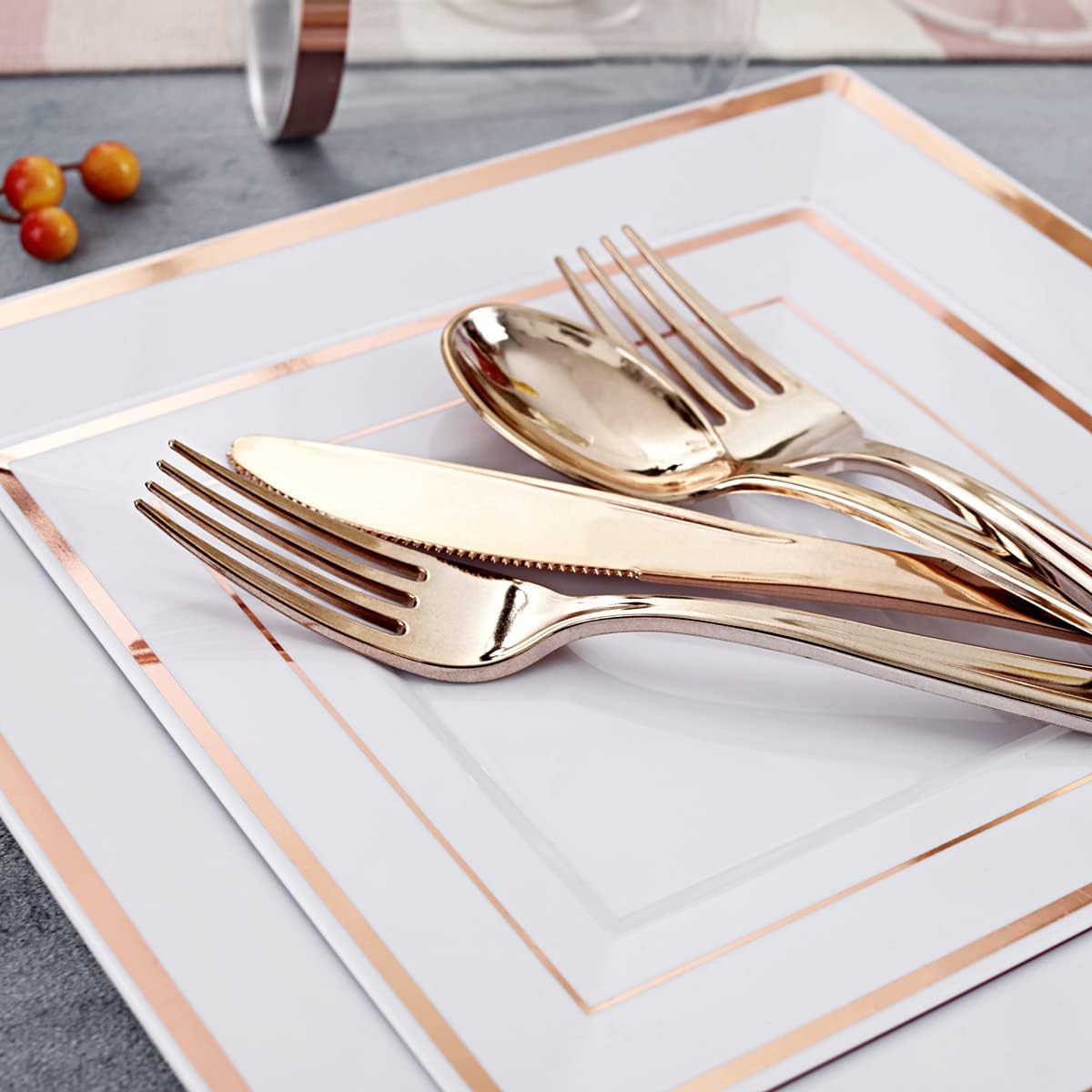 I00000 150PCS Rose Gold Plastic Plates with Silverware and Cups, Disposable Plastic Square Cutlery Set Include: 25Dinner Plates, 25Dessert Plates, 25Forks, 25Knives, 25Spoons, 25Tumblers