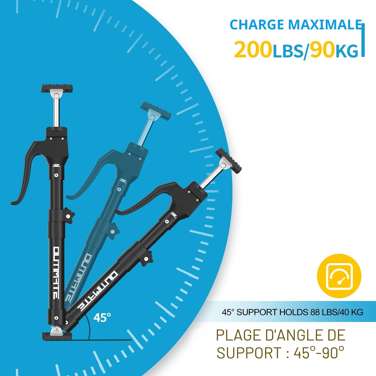 Perche Télescopique de Support Troisième Main Robuste, Vérins pour l'Installation de Plaque de Placo avec Capacité de 90 KG et Extension de 40 CM à 60 CM, 2 Pièces