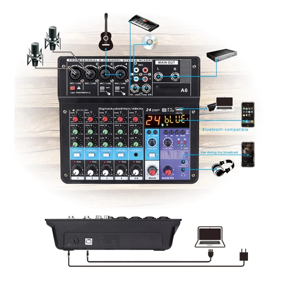 A6 6CH Protable Mini Mixer Audio Console con Scheda Audio Registrazione USB Canto Webcast Mixer Partito