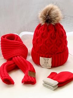 UKKO Kids Winter Hat Three-Piece Children'S Hat Scarf Autumn And Winter Warm Knitted Hat Knitted Hat