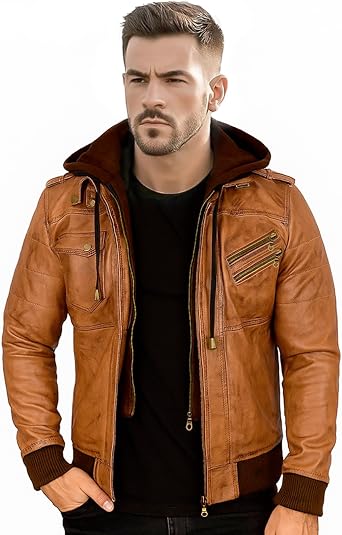 Mens Genuine Leather Jacket With Detachable Hood Black Brown Real Sheepskin Motorcycle Hooded Jackets