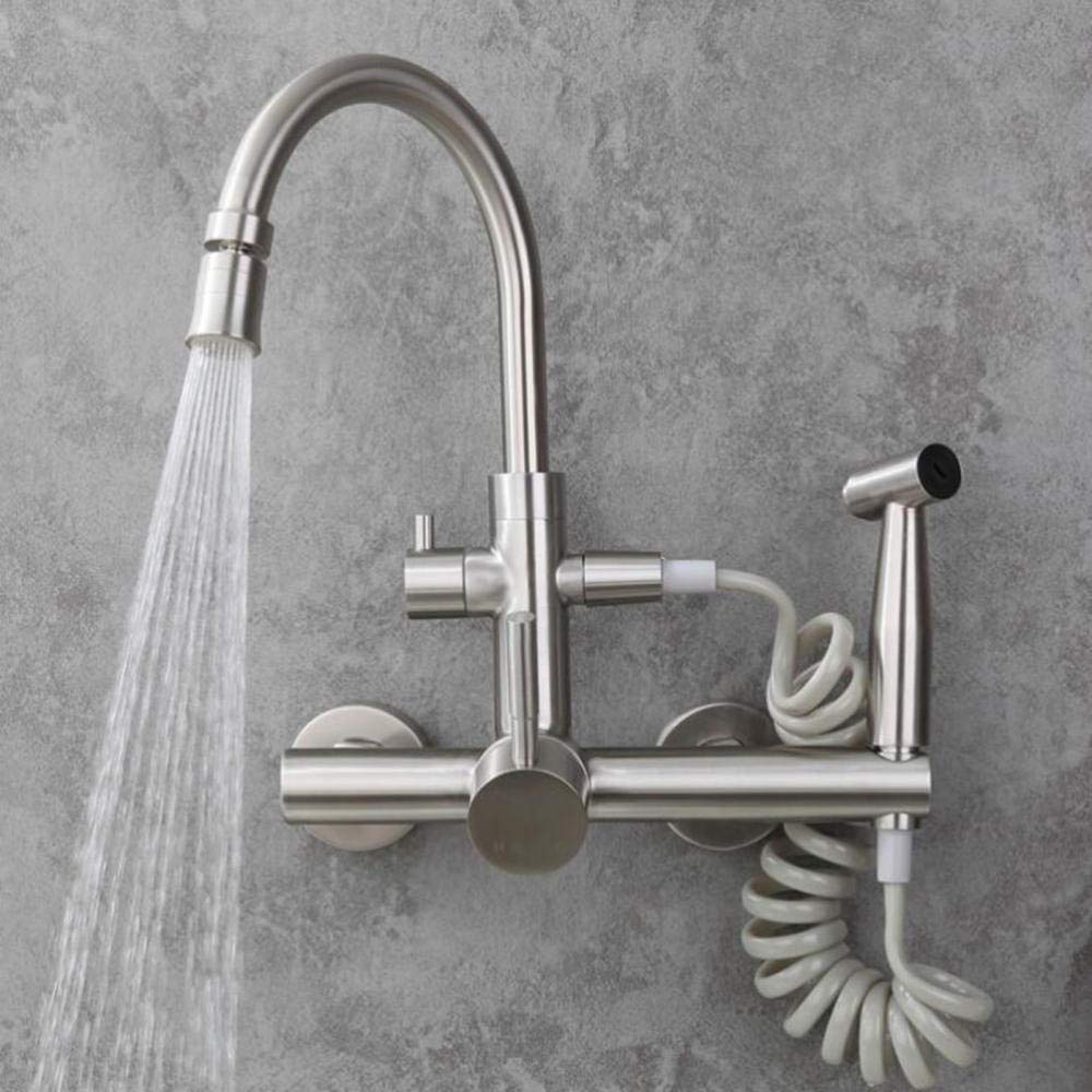 Grifo de Cocina de Pared Acero Inoxidable Trefilado Grifos Cocina con Pistola Frío y Caliente Boquilla 2 Modos Giratorio Grifo Fregadero Cocina-A