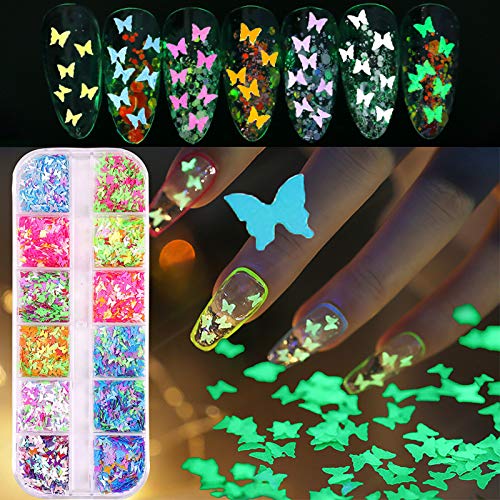 24 Colors/Set 3D Nail Glitter Sequins Butterfly Nail Art 12 Colors Glow under the light Colorful Nail Sparkle Glitter Sticker Flakes Holographic Glitter for Nail Art Decoration