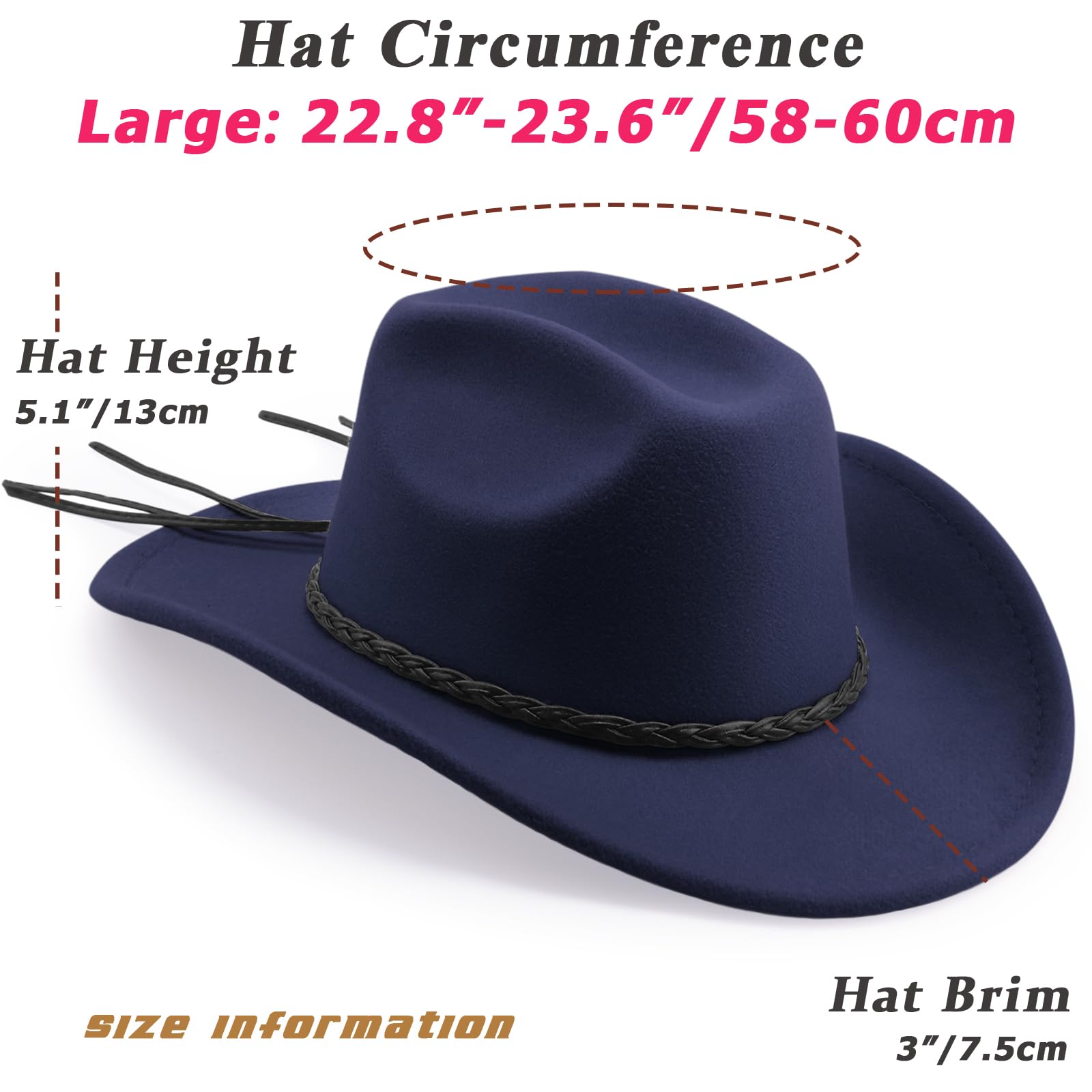 DRESHOW Sombrero de Vaquero para Mujers y Hombres Sombrero de Vaquera Western Clásico con Cinturón de Hebilla Sombrero de Enrollado de ala Ancha Grande Moldeable Fieltro Fedora para Unisex