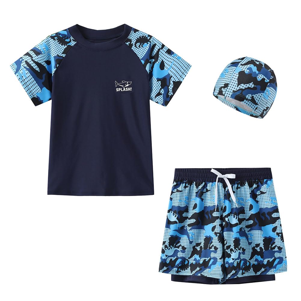 FedMois Boy Swim Set, 3 Pieces Set Swim Shirt + Swimming Shorts with Compression Liner + Swimming Cap, Blue, 6 Years (3XL)