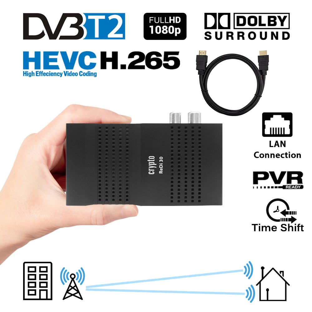 Crypto Redi 30PH Mini récepteur DVBT2 Full HD avec H.265 / HEVC, Dolby, PVR  Ready, Lecteur