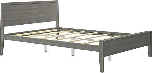 Miniatura 3 de PlankBeam Base de cama Queen de madera maciza con cabecera de panel cama moderna de plataforma Queen con soporte de listones de madera no necesita