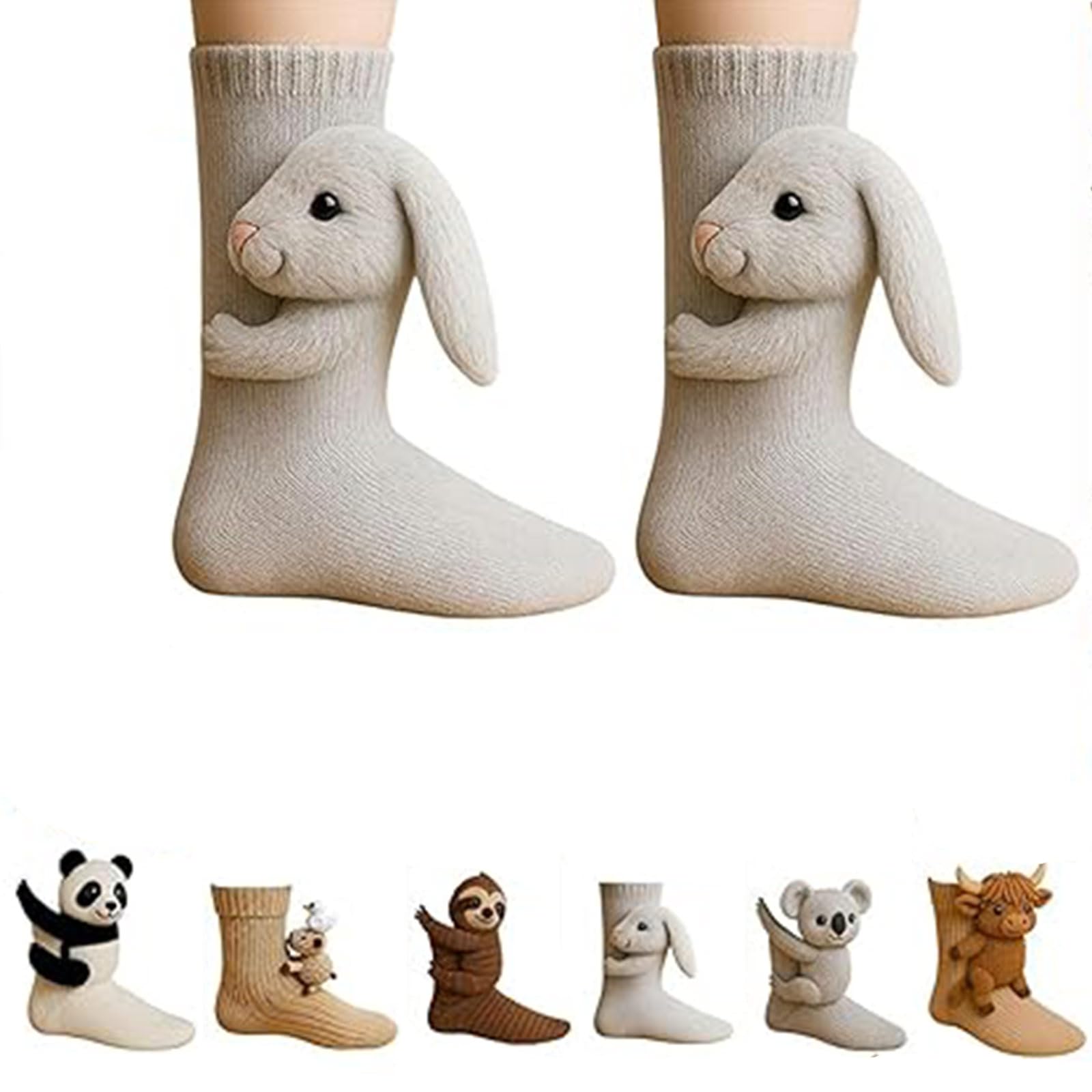 Zorkkra Unisex Rabbits 3D Knit Animal Socks For Christmas, Novelty Sloth/Highland Cow/Koala Animals Floor Sock, Funny Knitted 3D Animal Socks For Women Men Kids, Xmas Gift For (Rabbits)