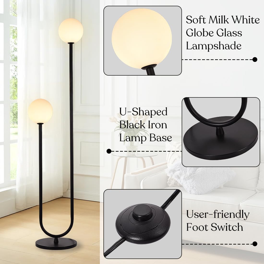 Mid Century Black U-Shape Floor Lamp 60inch Tall Globe Glass Stand Floor Light Modern Black Floor Lamp for Living Room Bedrooms Offices,Milk White Glass Lampshade,G9 Bulb
