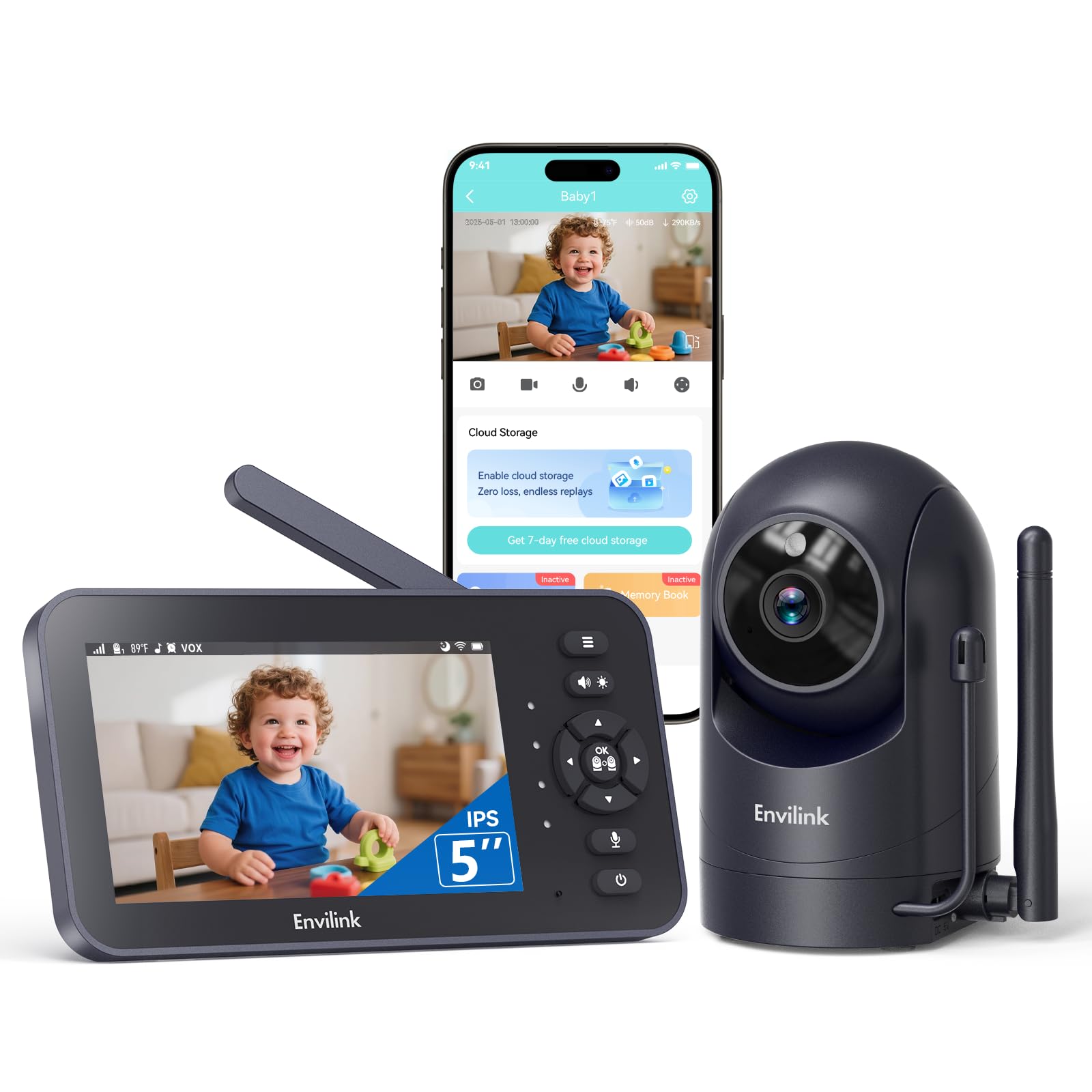 Monitor de video para bebé 720P con cámara y audio, pantalla de 5 pulgadas, sin wifi o modo de aplicación gratuita para smartphone, cámara de panorámica/inclinación/zoom, canciones de cuna