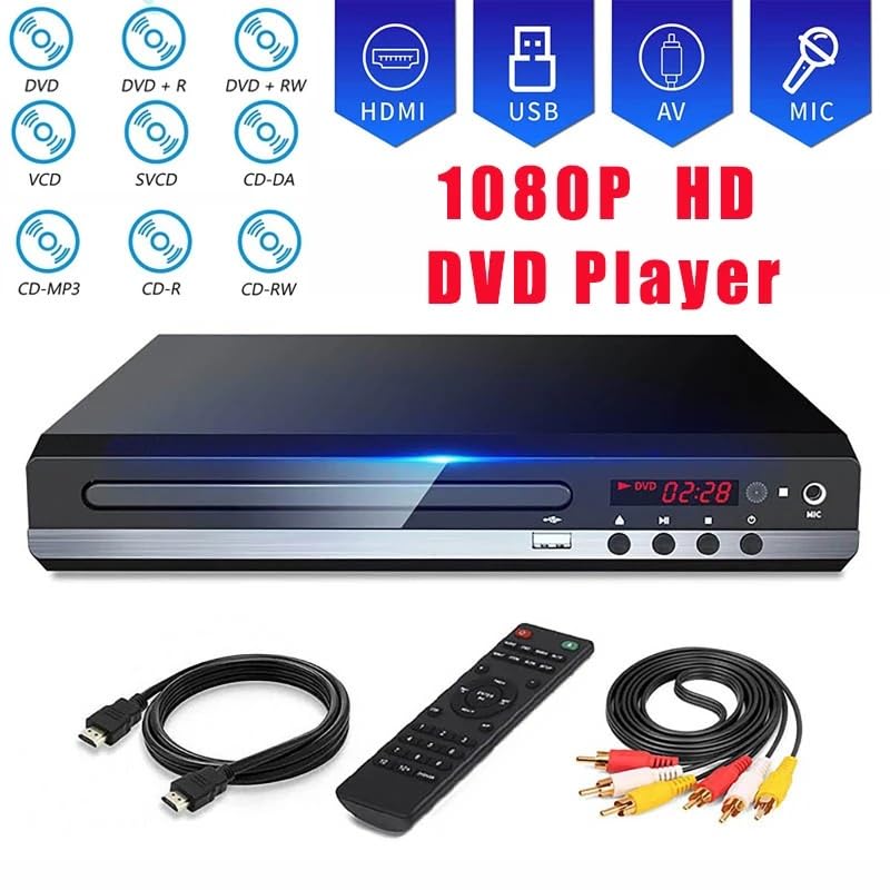 Lettore DVD Portatile, Lettore DVD Full HD Lettori CD/EVD/VCD ad alta definizione 1080P con microfono di uscita e AV