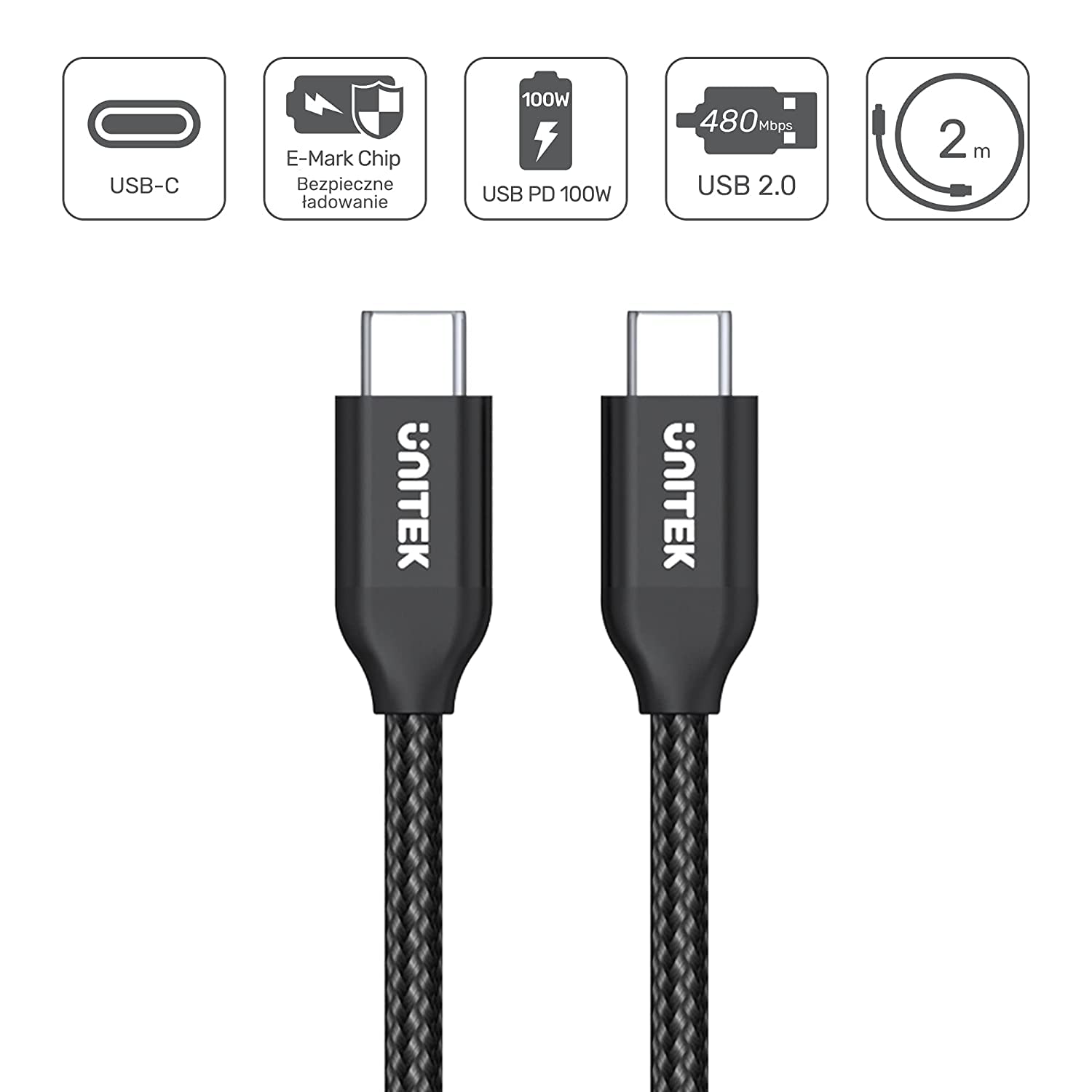 Unitek 2 metre USB C - USB C kablosu, güç dağıtımı, 100 Watt, 20 V/5 A, hızlı şarj kablosu, senkronizasyon kablosu, USB C tipi cihazlar için, naylon örgü, dayanıklı, siyah