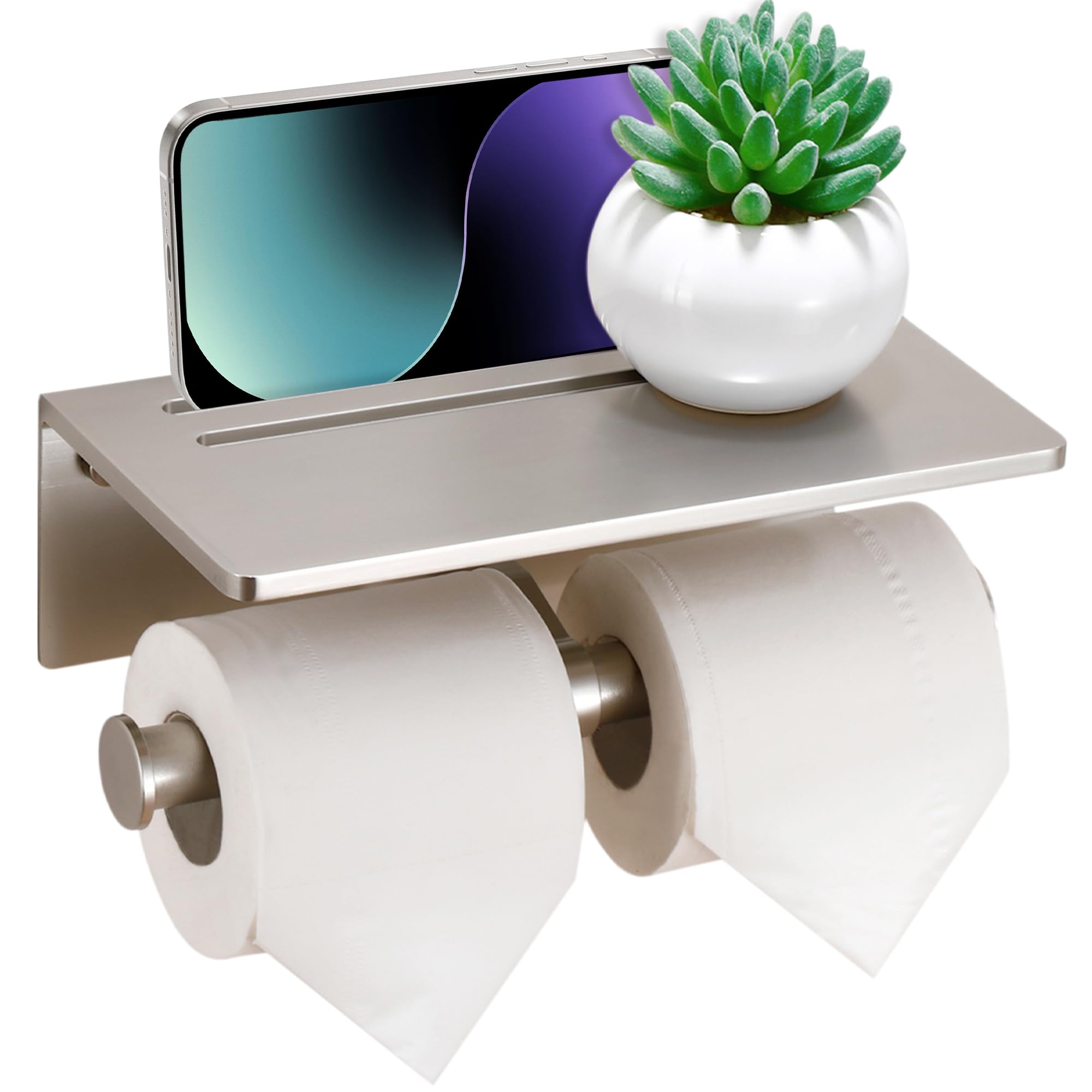 Toilet Paper Holder with Phone Shelf - Aluminum Double Roll Tissue Holder