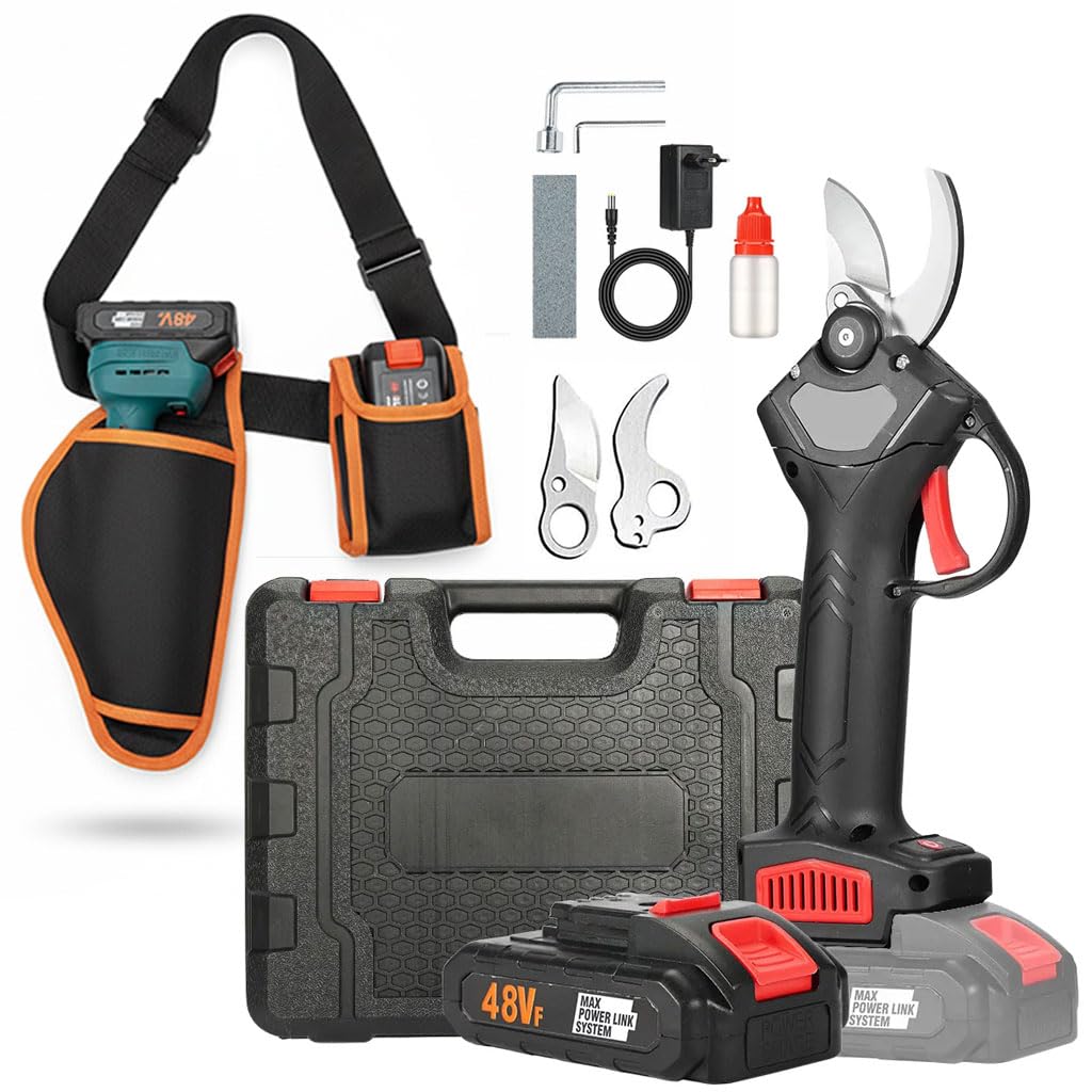 Forbici da Potatura Elettriche a Batteria 48V Professionali – Kit Completo con 2 Batterie, Cintura con Fondina e Valigetta, Taglio 25mm, Cesoie per Ulivo, Vigneto, Alberi da Frutto e Giardino