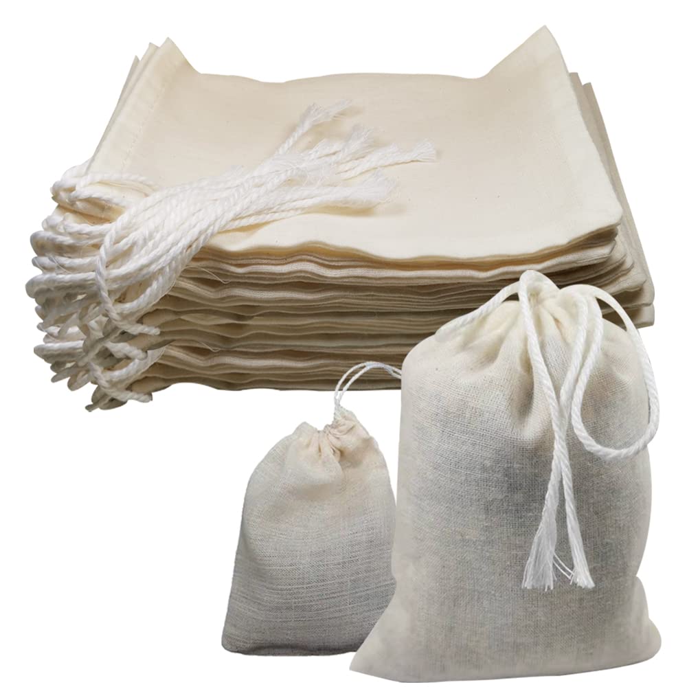 50Pieces Reusable Cotton Filter Bags Drawstring Soup Bags,Tea Filter Bag For Loose Leaf,Cold Brew Coffee Bags,Herbs Spices Seasonings Broths Gift Bag,Cheese Nut Storage Bags(6 x 8 Inch)