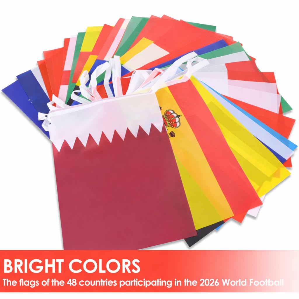 AhfuLife 2 Pezzi Bandierine Coppa del Mondo 2026, 20×28 cm-21m, 48 Paesi Bandiere del Mondo Include Bosnia ed Erzegovina, Repubblica Ceca e Svezia, Striscioni Decor per Mondiali, Eventi Calcio, Festa