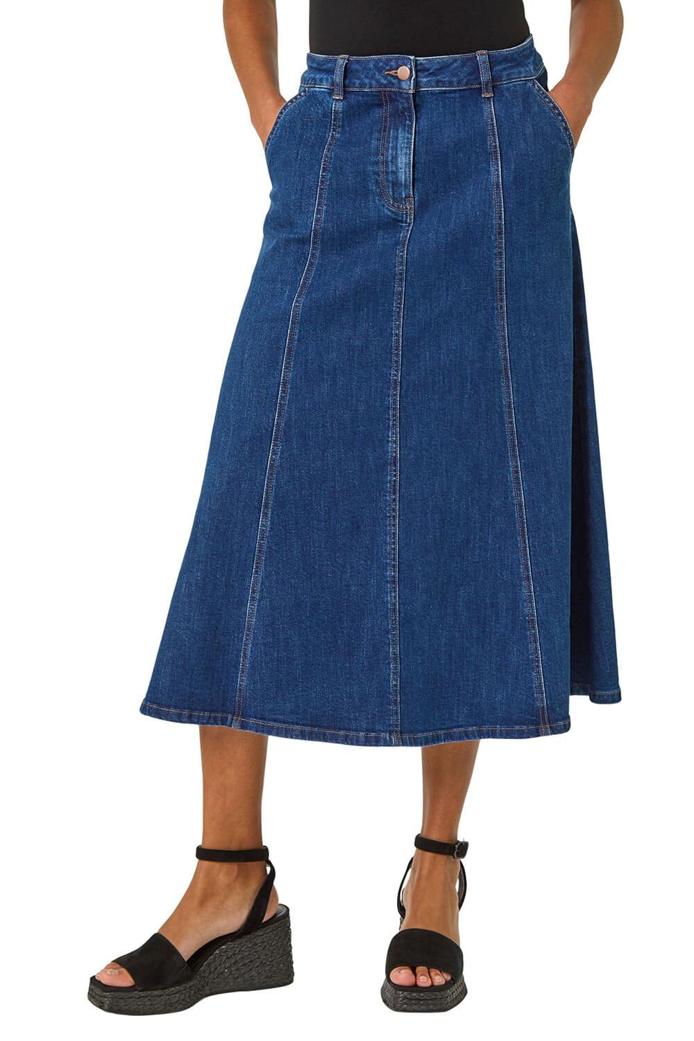 Roman Originals Women's Indigo Cotton Denim Panelled Midi Skirt For Women Uk - Ladies Everyday Autumn Winter Comfy Soft Evening Vacation Work Party Night Out - - Size 20