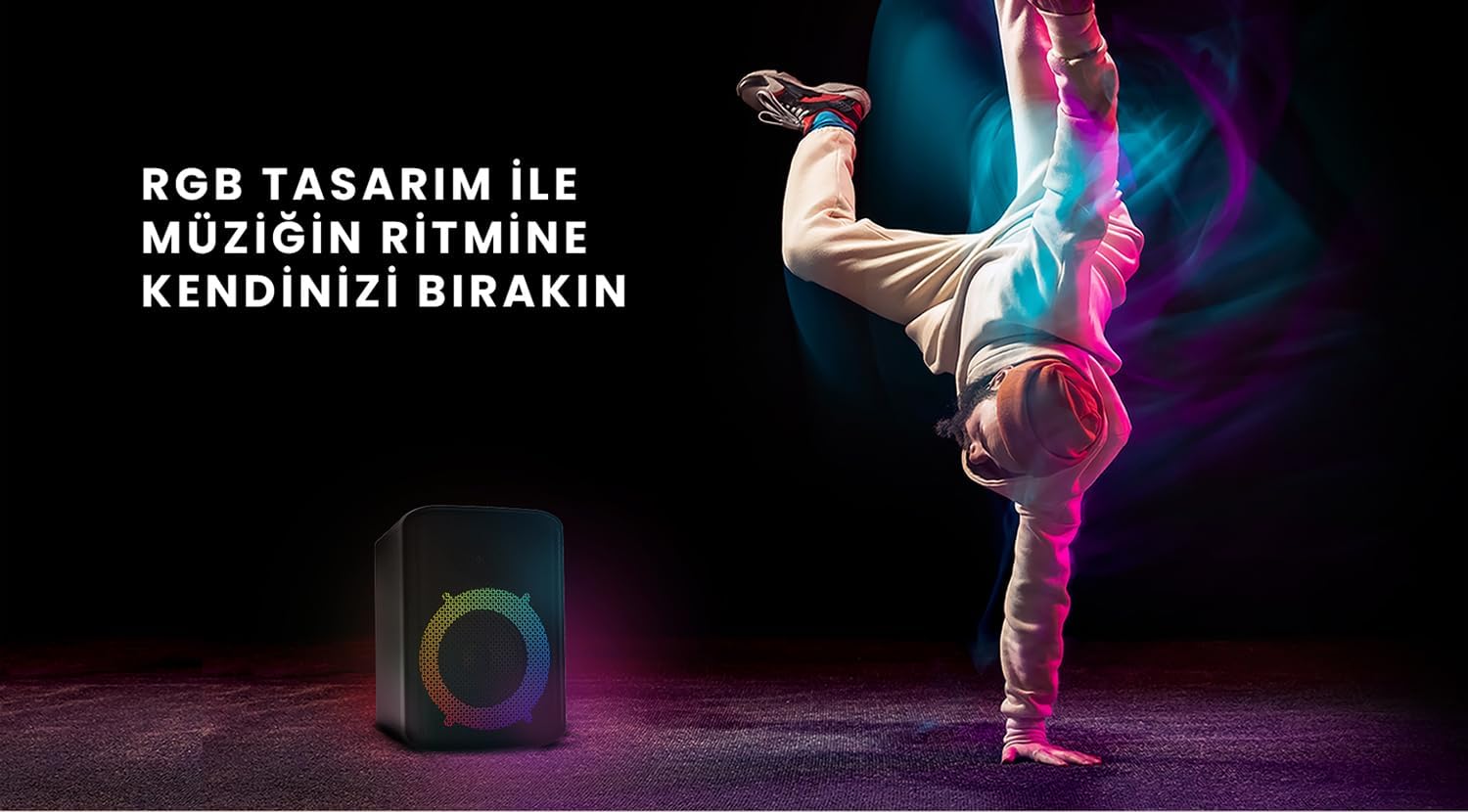 HiFuture EVENT speaker with person dancing, highlighting RGB lights