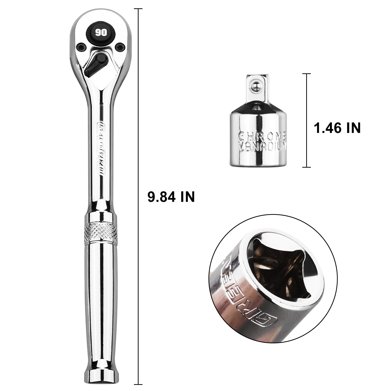 GRENPRO 1/2 Ratchet Socket Wrench, 90-Tooth Reversible Ratchet Wrench with Adapter, Quick Release, Full Polished Ratchets, Chrome Alloy Made 1/4 inch Socket Wrench Set