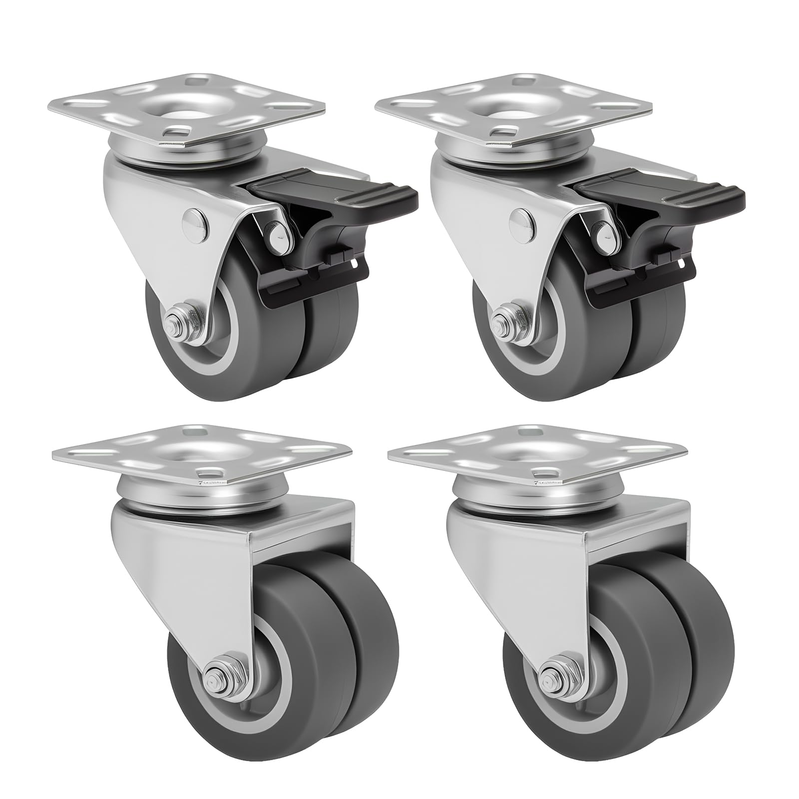 EVERGOODS Heavy Duty Castor Wheels 2 Inch (50mm) Heavy Duty Swivel Caster with Brake Set of 4 Total Capacity 400KG Capacity Each Solid Rubber Wheels for Furniture Toolbox (2 with Brakes and 2 without)