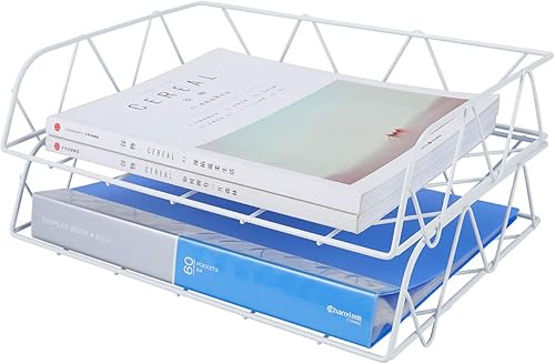 PAG Paquete de 2 organizadores de archivos de escritorio apilables de metal, bandeja horizontal para cartas, estante de papel, color blanco