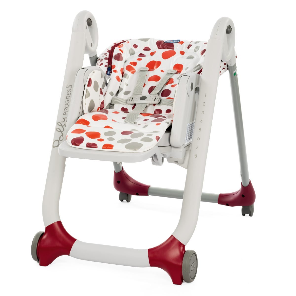 Chicco Polly Progres5 Chaise Haute Évolutive, Convertible en Transat et Rehausseur pour Bébé, Réglable de la Naissance à 3 ans (15 kg), avec 4 Roues, Fermeture Compacte - cherry