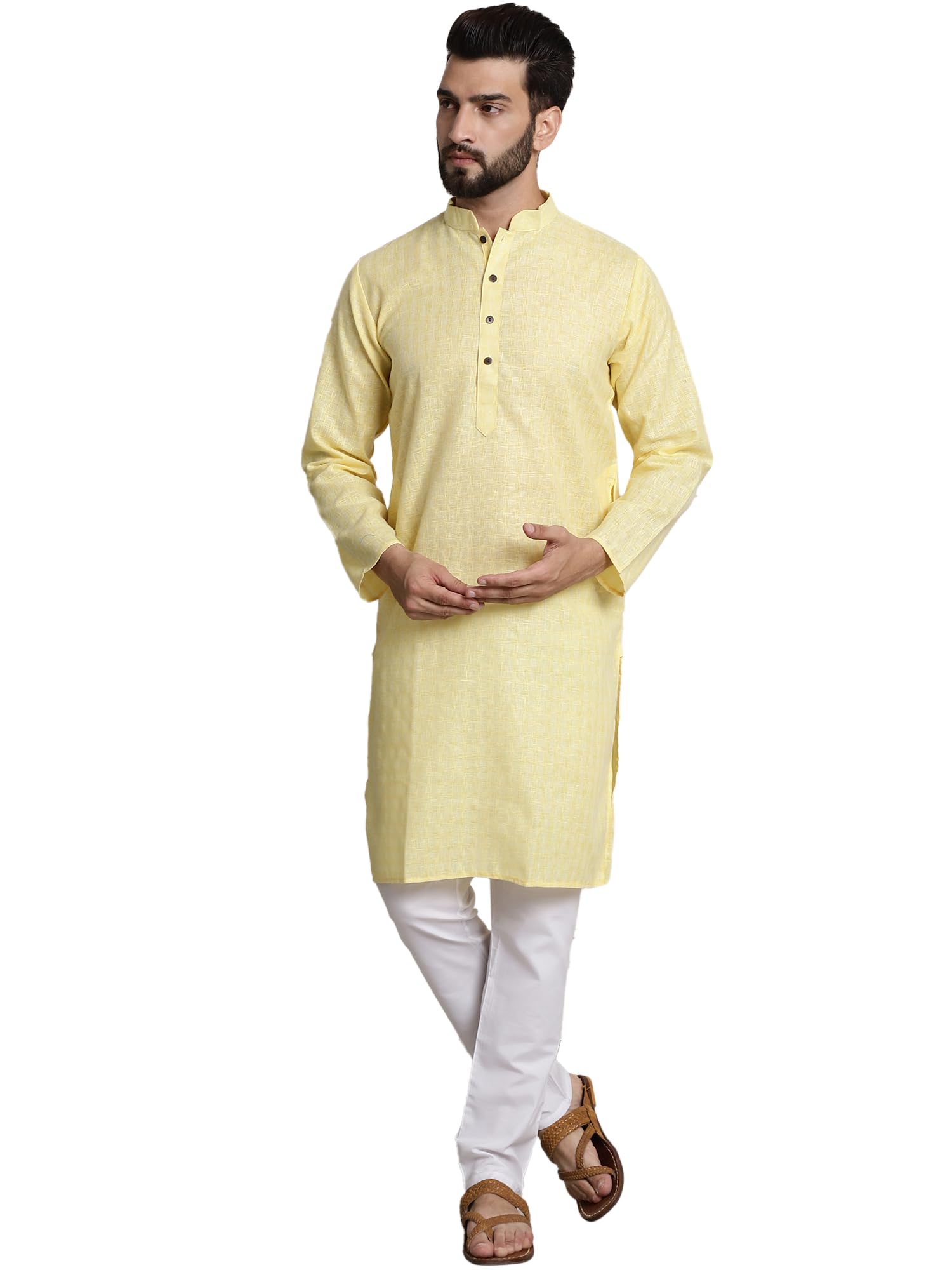 Sojanya (Since 1958 Men's Cotton Blend Yellow Checked Kurta And White Churidar Pyjama Set
