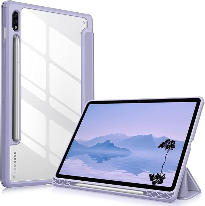 SwooK Hybrid Case for Samsung Galaxy Tab S8 / S7 11 inch SM X700 X706 T870 T875 T878 with S Pen Holder Shockproof Clear Back Shell Auto Wake/Sleep Flip Cover Case (S7 / S8 11 inch, Lilac Purple)