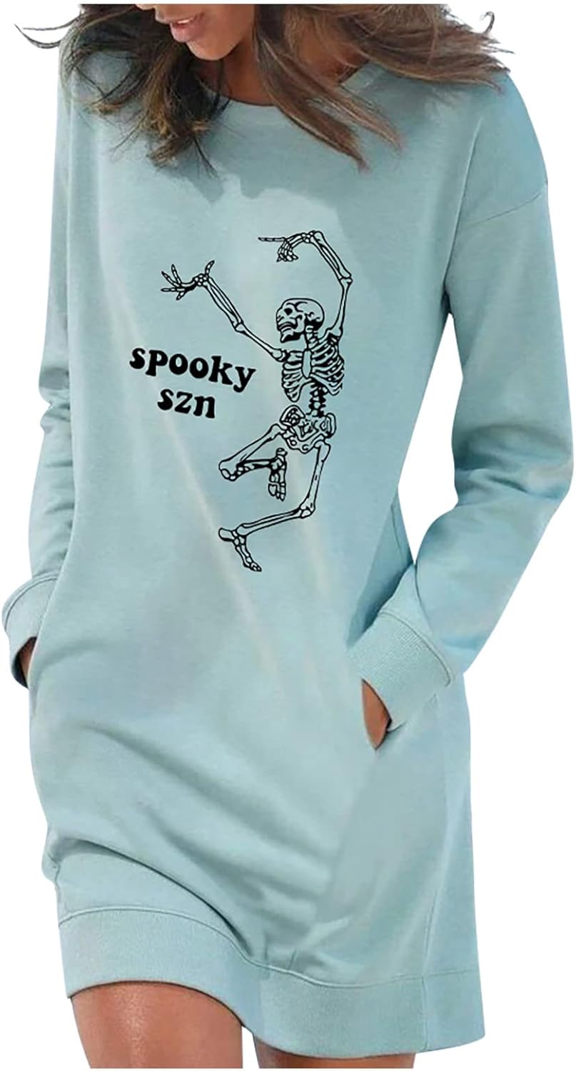 Vestido de Halloween para mujer 2022, casual, color sólido, manga larga, cuello redondo, bolsillo