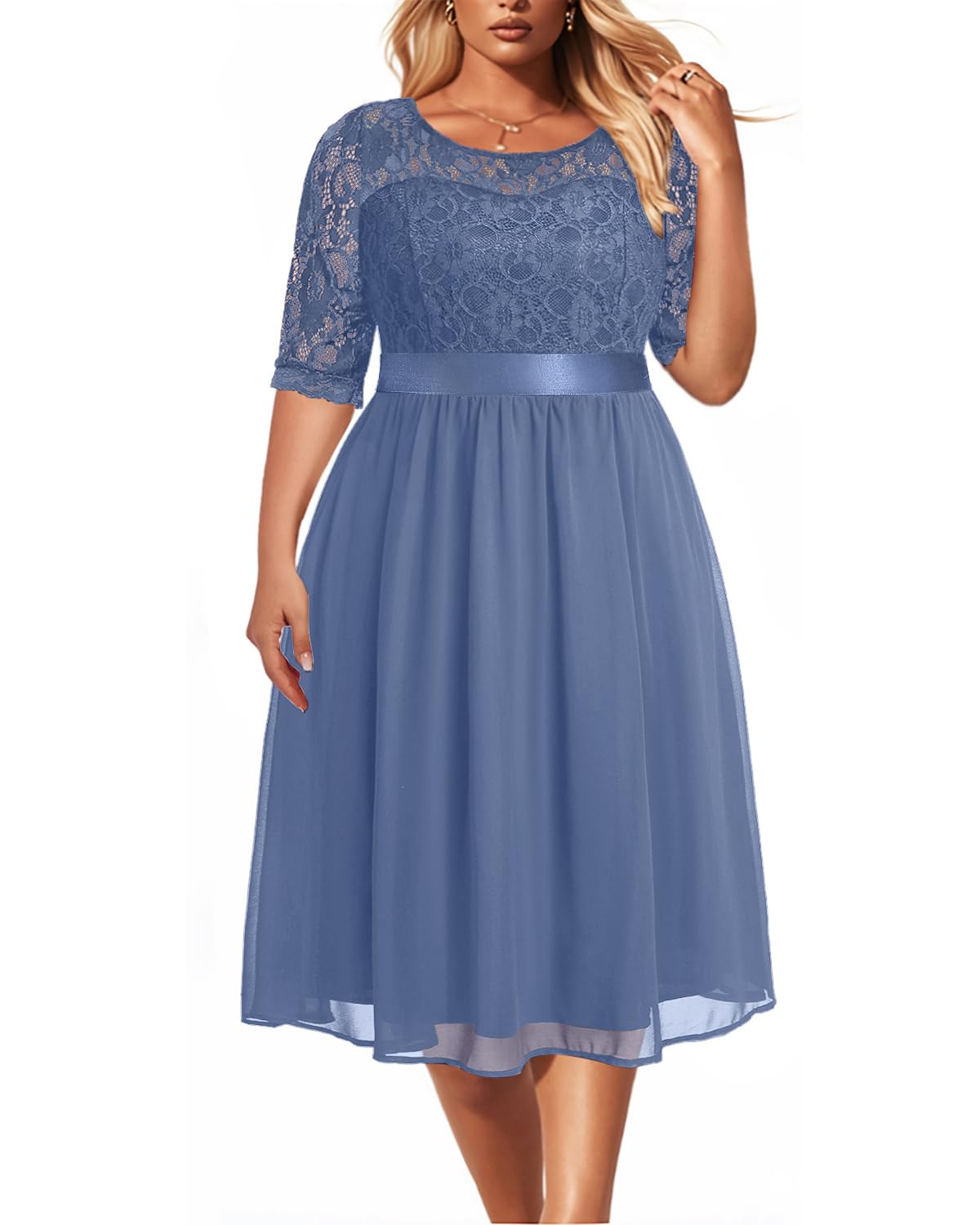 Plus Size Wedding Guest Dresses Women Cocktail Lace Chiffon Midi Dress | Lace top, chiffon midi skirt, half sleeves, high waist, elegant cocktail party, formal evening wear, soft lined fabric