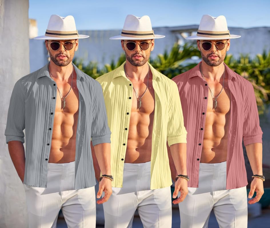 Image of FINIVO FASHION Combo of Men's Casual Cotton Plain Button Down Shirt Long Sleeve Textured Summer Beach Shirt for Men Pack of 3