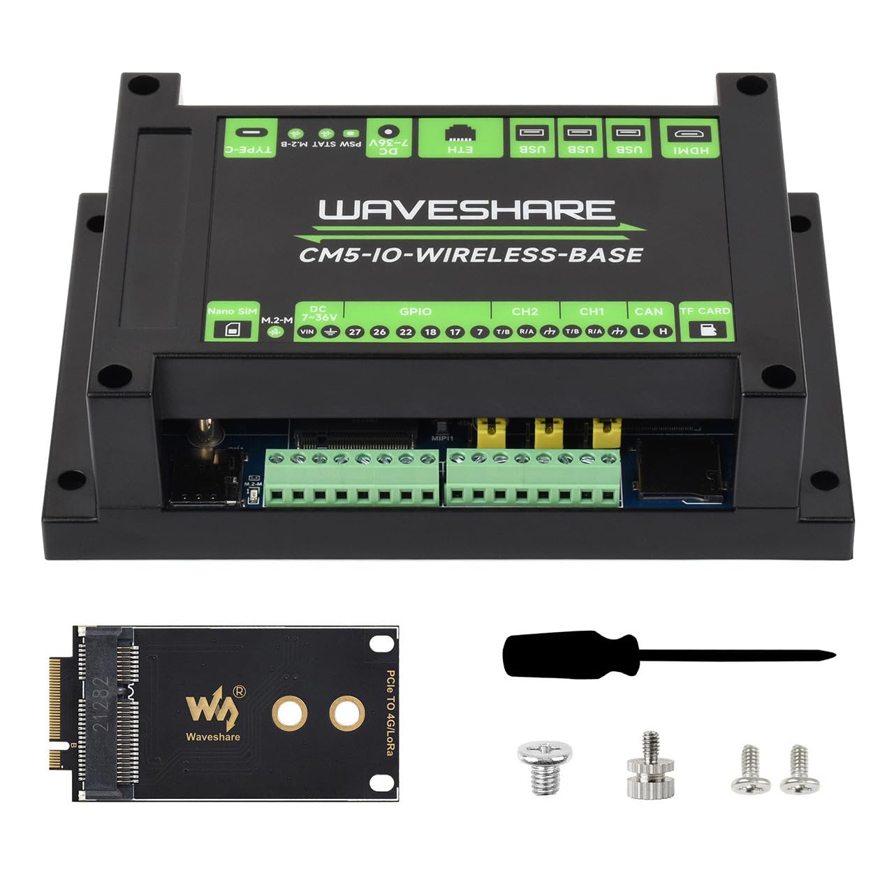 Waveshare Industrial IoT Wireless Expansion Board For Raspberry Pi CM5, 4G / 5G / Lora Expansion Support, Gigabit Ethernet RJ45 Port, Dual MIPI Interfaces, Supports 4K Output