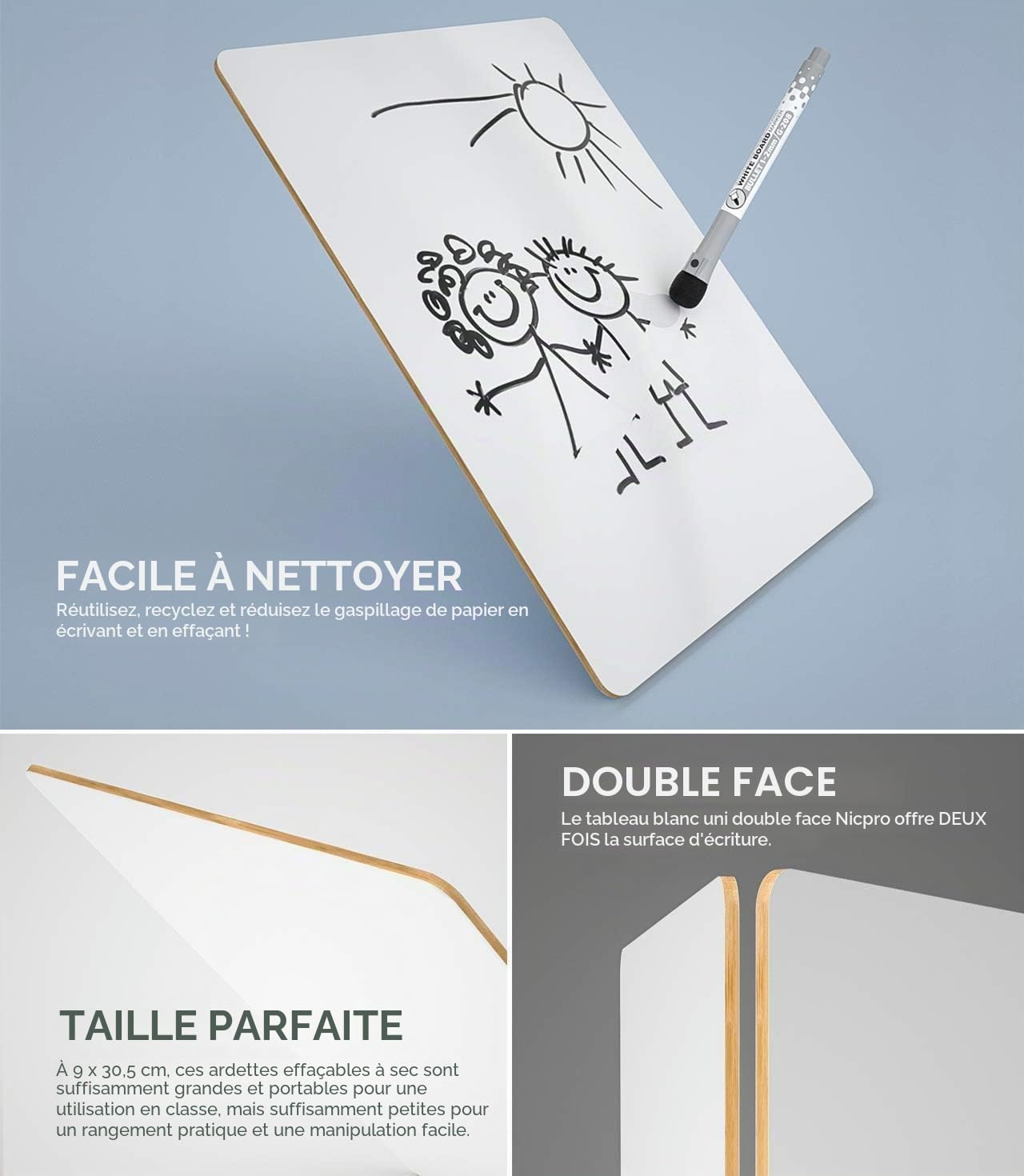 Nicpro 6 tableaux blanc effacable, 22 x 30 cm double face petit tableau blanc avec 18 stylos et 6 gommes, fournitures scolaires portables en vrac pour étudiants et salles de classe