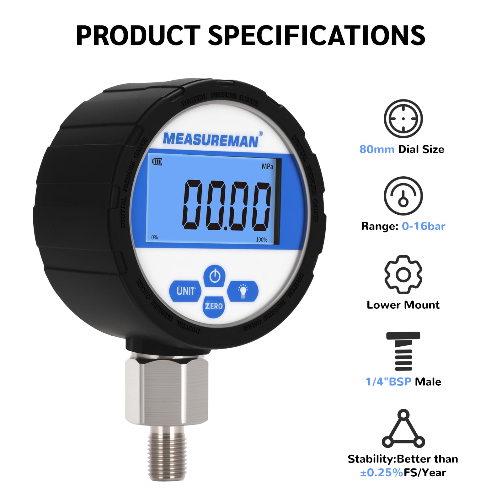 Manomètre industriel numérique, cadran 80 mm, raccord inférieur G1/4", boîtier et raccord en acier inoxydable, 0-16 bar, précision 0,4%, alimenté par batterie, avec éclairage LED.