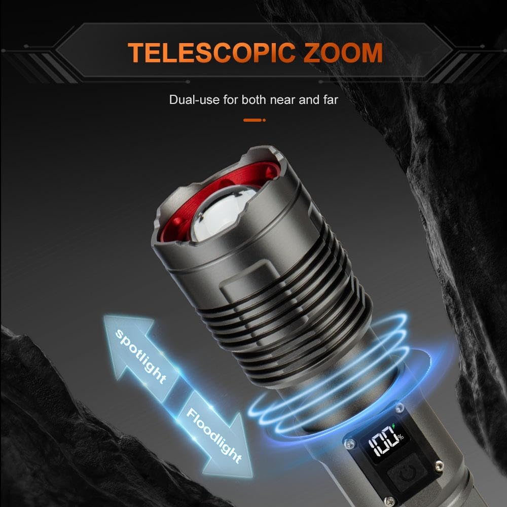 Happiest Minds Techno COBA Torch CB-6501 Super Bright Flashlight White Laser 30W LED USB Zoomable 1000M Range 5 Modes Digital Display Torch Outdoor Emergency Flash Light 1