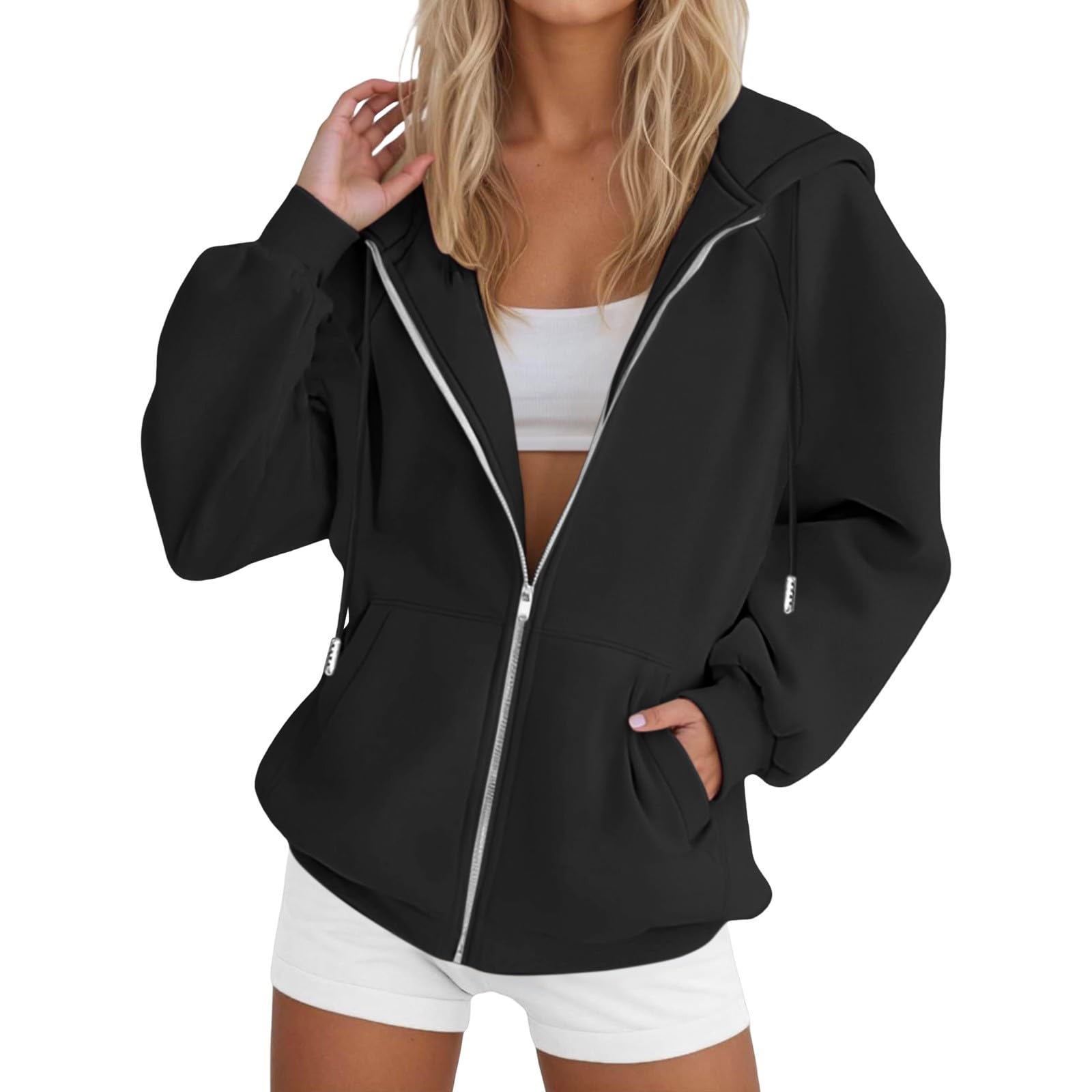 Generisch Veste à capuche pour femme - En coton - Sweat à capuche Y2K - Veste de survêtement rétro - Haut de campus - Streetwear - Robe décontractée - Veste de pilote