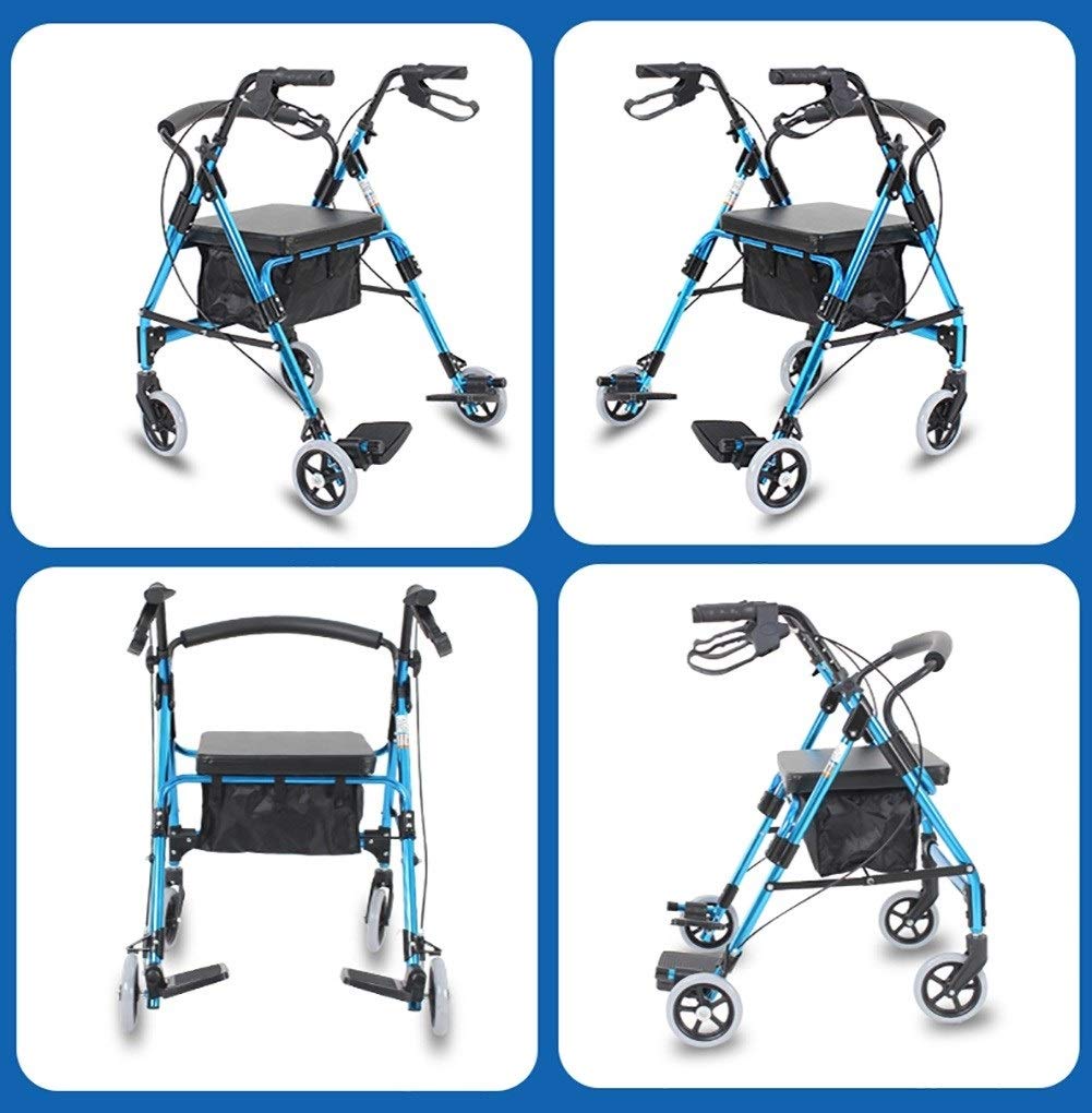 Andador con ruedas plegable azul 2 en 1 para personas mayores, silla de ruedas portátil resistente con ruedas grandes, asiento, freno y respaldo, andador plegable para compartir
