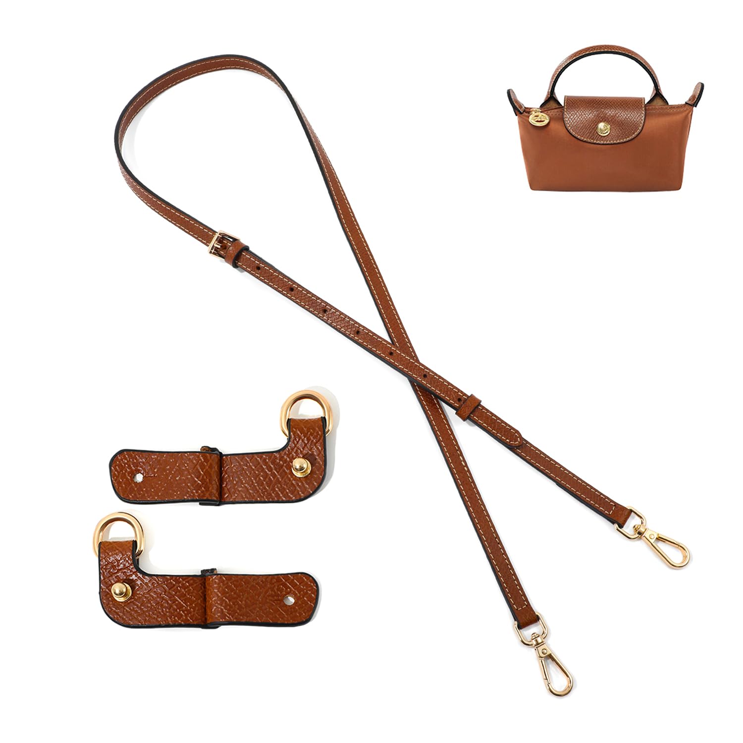 BEUDW Purse Strap Leather Purse Crossbody Adjustable Shoulder Strap for Suitable for Long Champ Handbags (Brown+Gold Hardware)